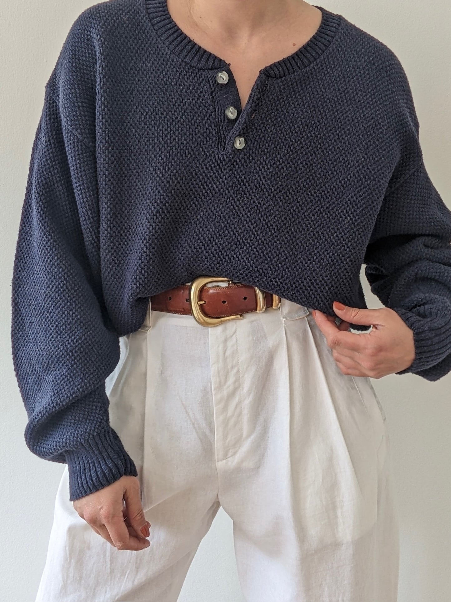 Vintage Navy Woven Cotton Henley