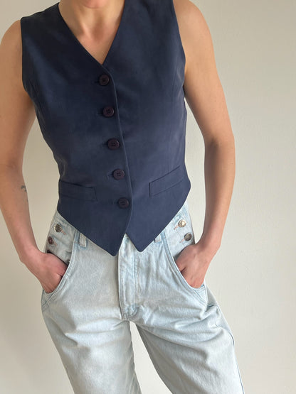 Vintage Navy Cropped Silk Vest