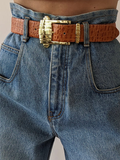 Bold Vintage Croc-Embossed Leather Belt