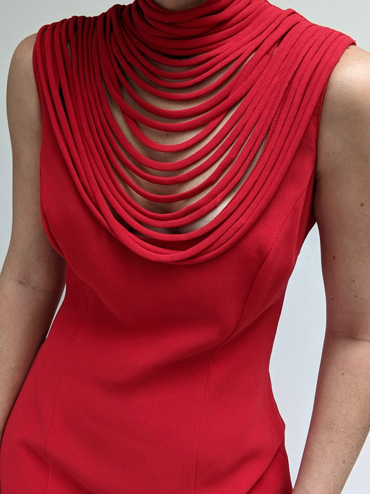 Amazing Vintage Crimson Layered Neckline Evening Dress