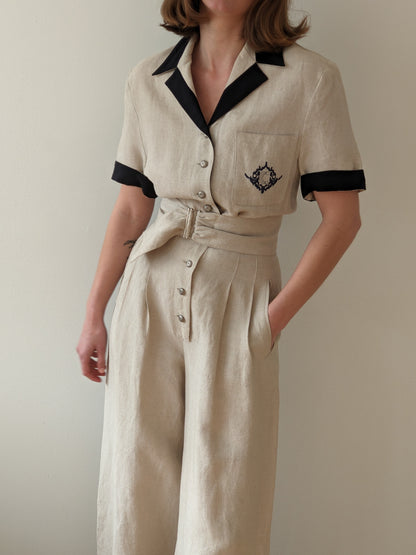 Favorite Vintage Linen Wide Leg Belted Jumpsuit