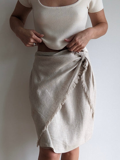 Vintage Wheat Linen Fringe Tie Skirt