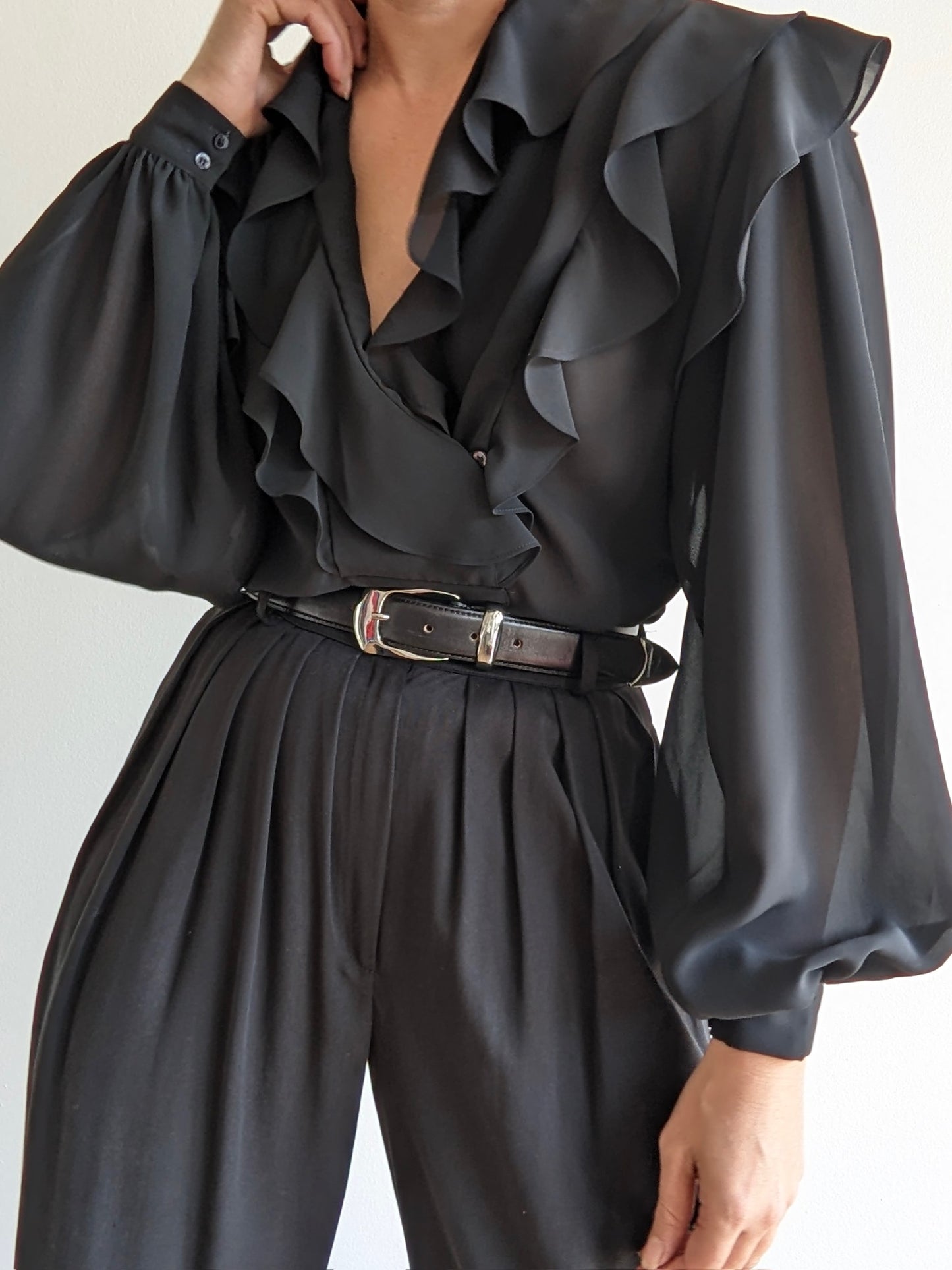 Vintage Sheer Onyx Ruffled Blouse