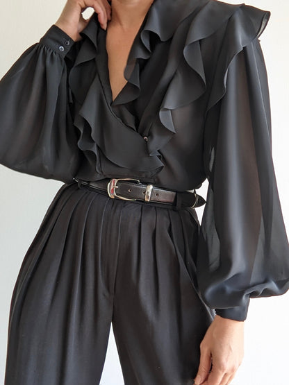 Vintage Sheer Onyx Ruffled Blouse