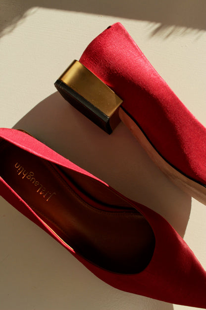 Beautiful Red Satin & Gold Heel Pumps