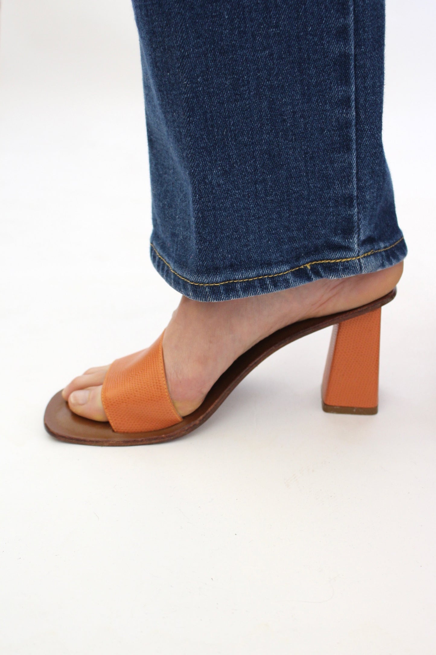 Vintage Terra Cotta Embossed Leather Heeled Sandal
