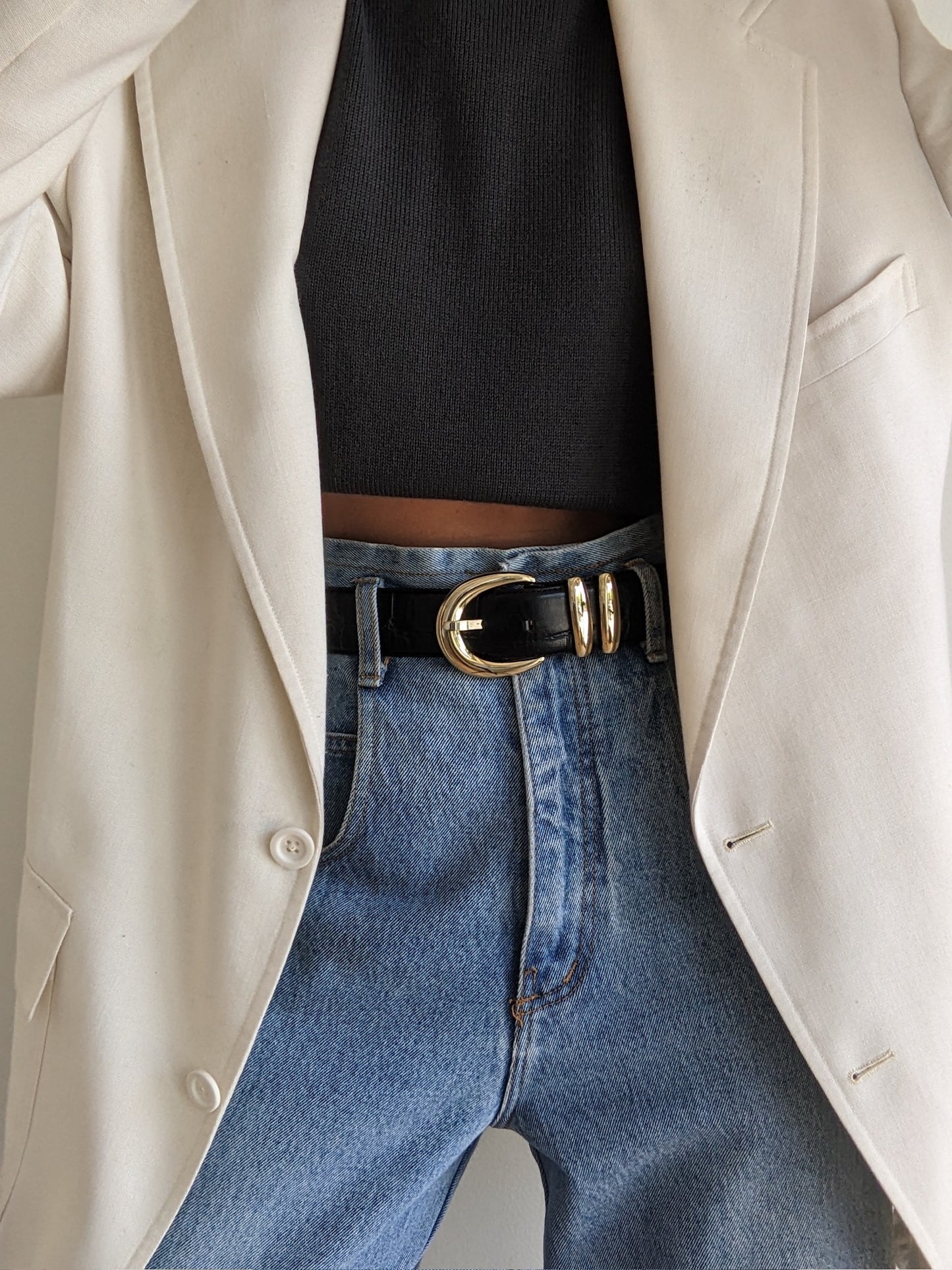 Bold Vintage Black Croc-Embossed Leather Belt