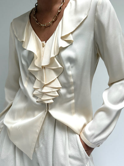 Cream Silk Charmeuse Ruffled Blouse