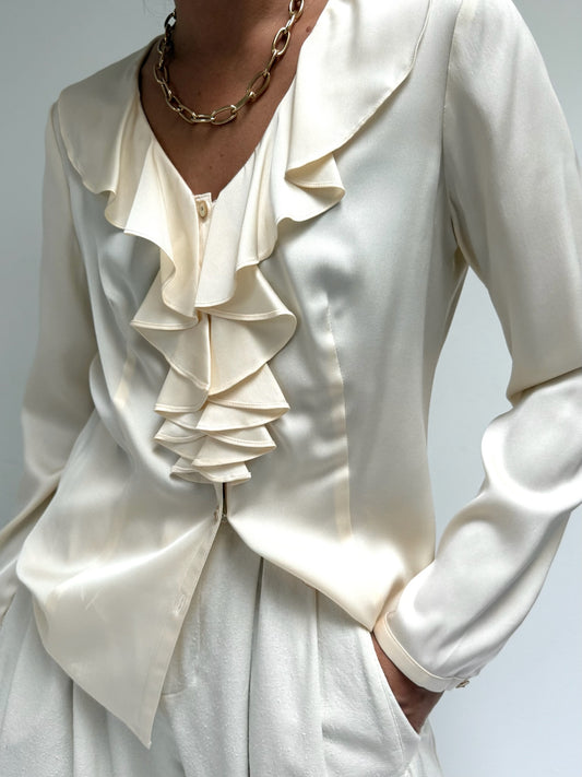 Cream Silk Charmeuse Ruffled Blouse