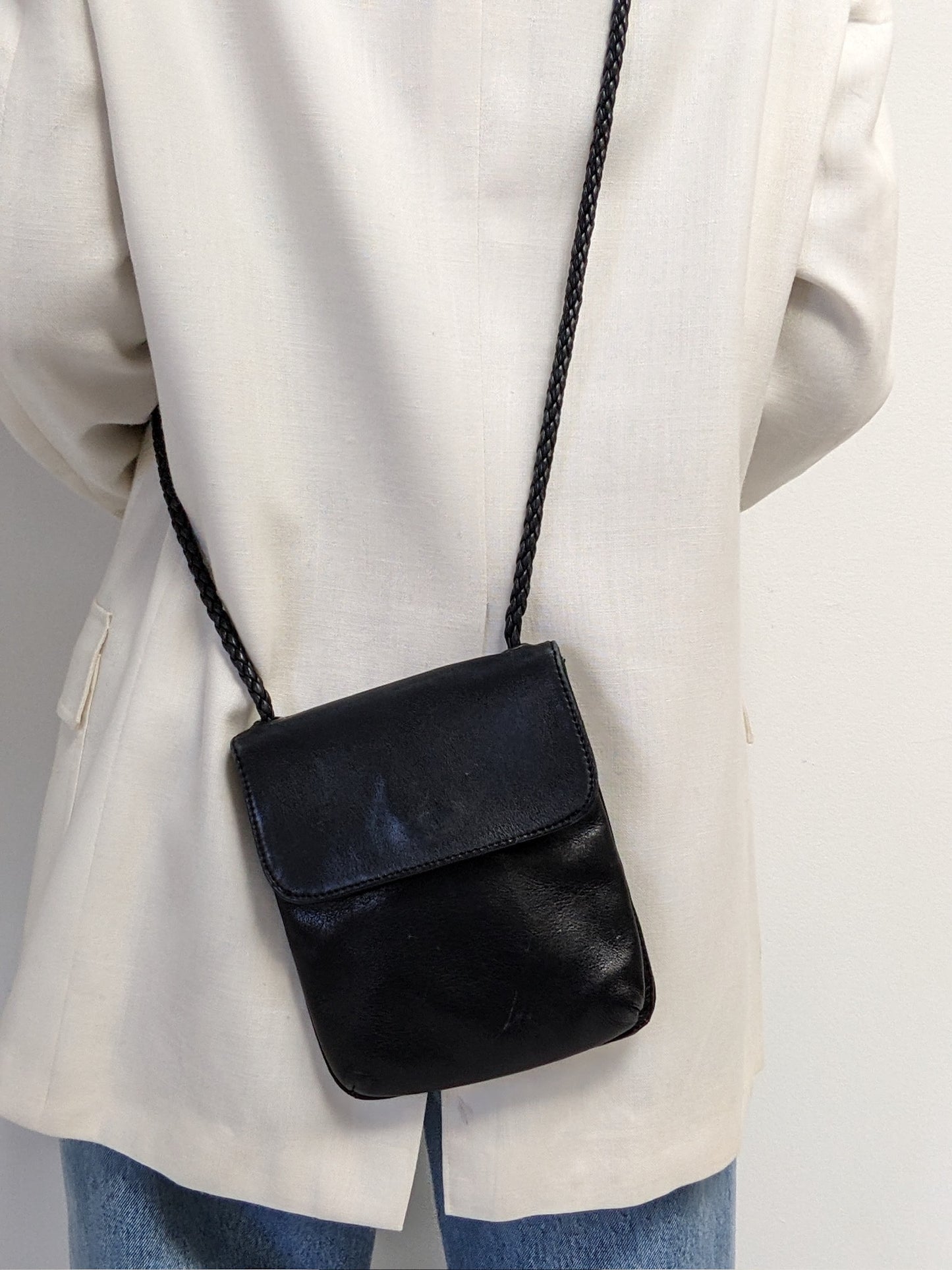 Vintage Petite Black Leather Crossbody Bag