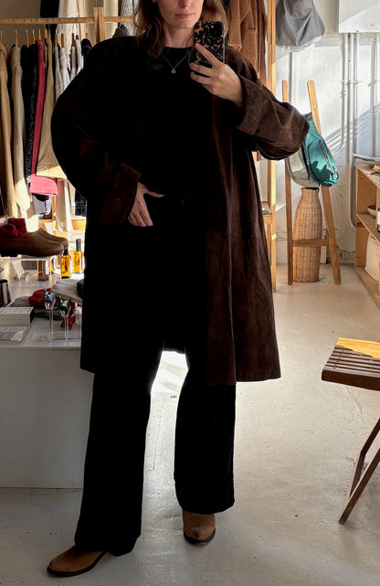 Vintage Espresso Sueded Leather Swing Coat
