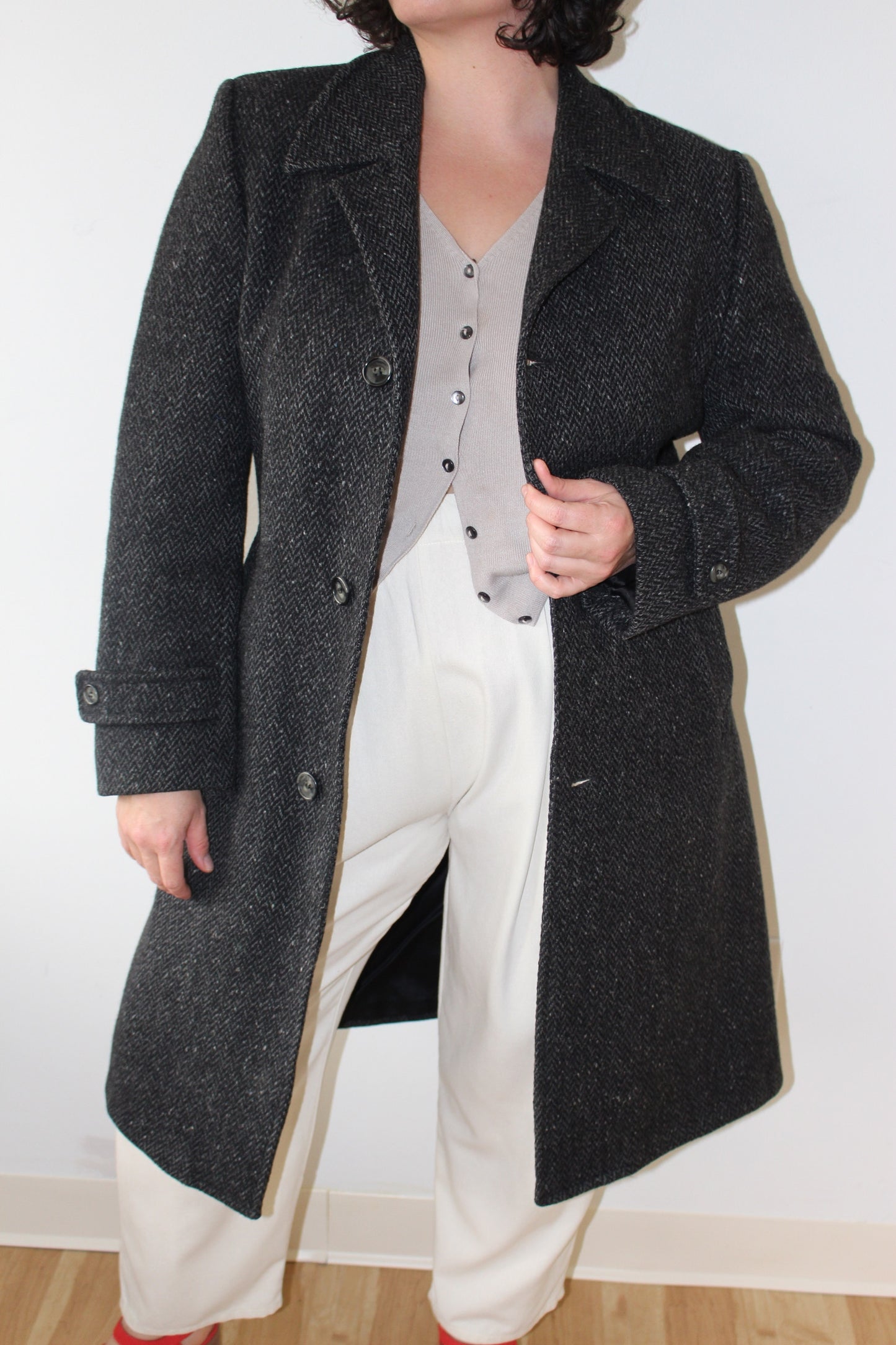 Vintage Charcoal Wool Herringbone Coat