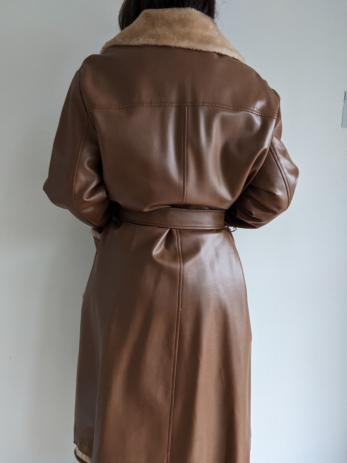 Vintage Chocoate Vegan Leather Belted Coat