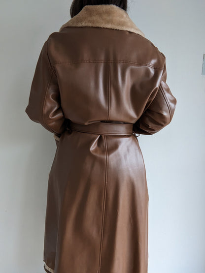 Vintage Chocoate Vegan Leather Belted Coat