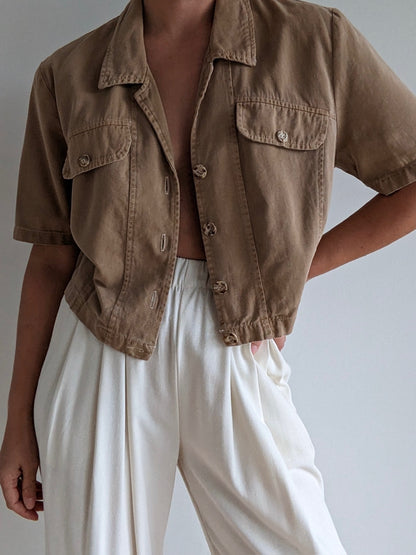 Vintage Camel Cotton Twill Crop Blouse