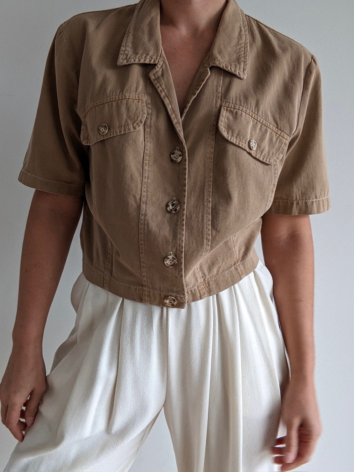 Vintage Camel Cotton Twill Crop Blouse