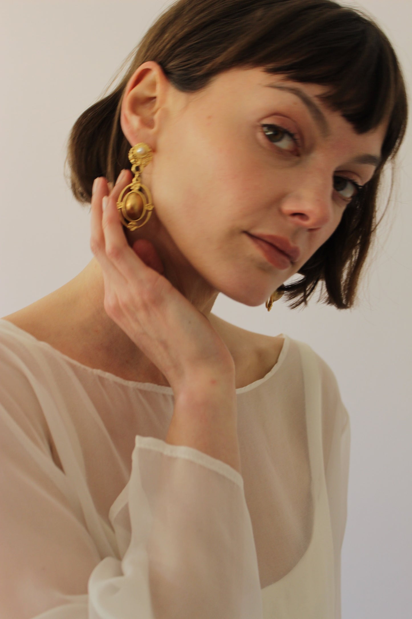 Vintage Faux Seed Pearl & Brushed Gold Earrings