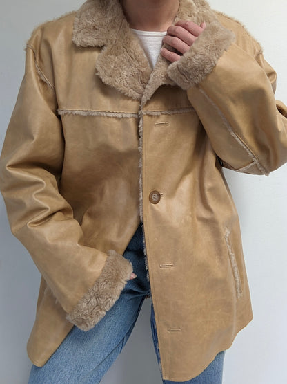 Vintage Guess Sand Leather & Faux Fur Coat