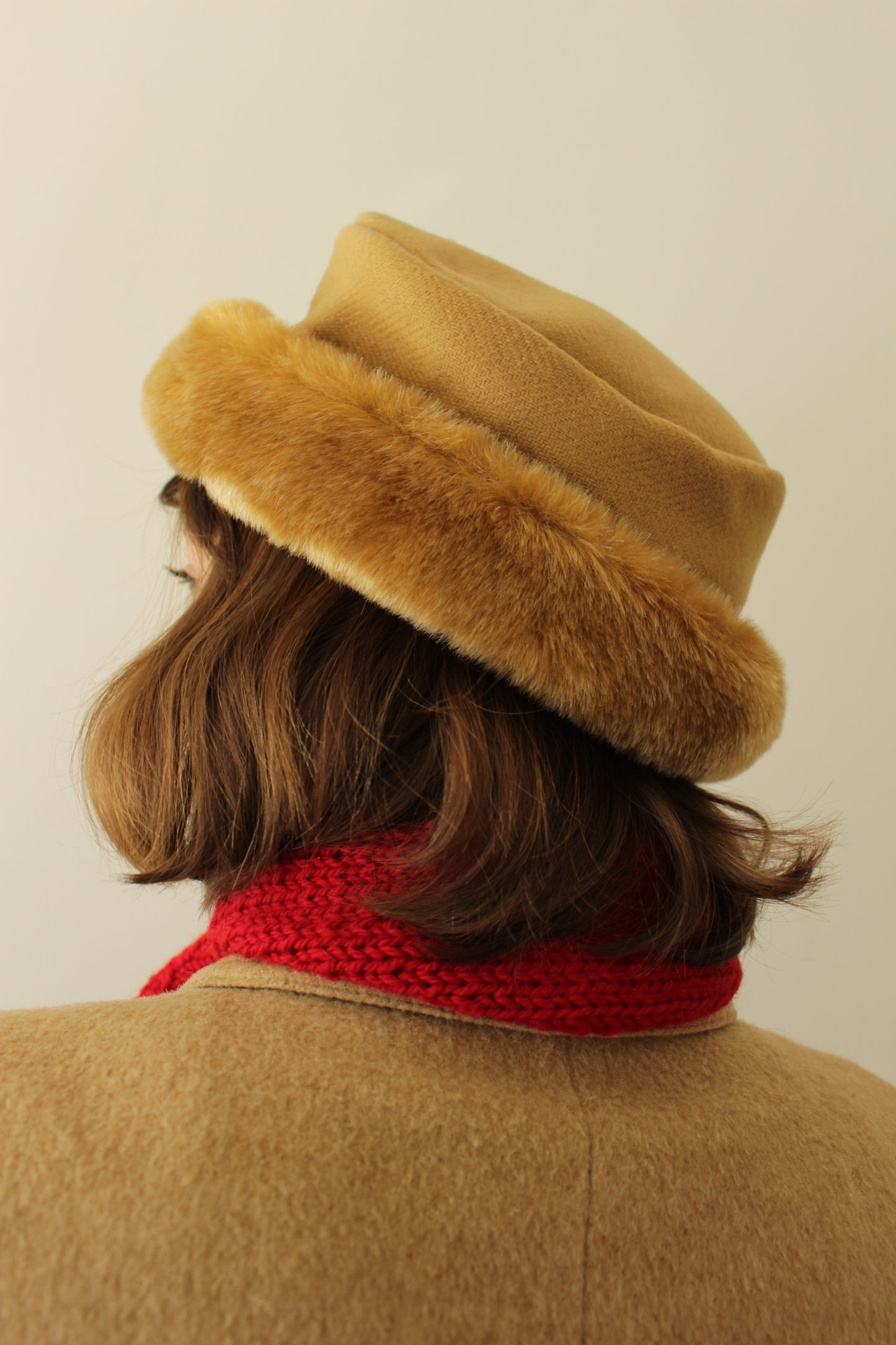 Vintage Caramel Wool Herringbone & Faux Fur Hat