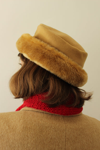 Vintage Caramel Wool Herringbone & Faux Fur Hat