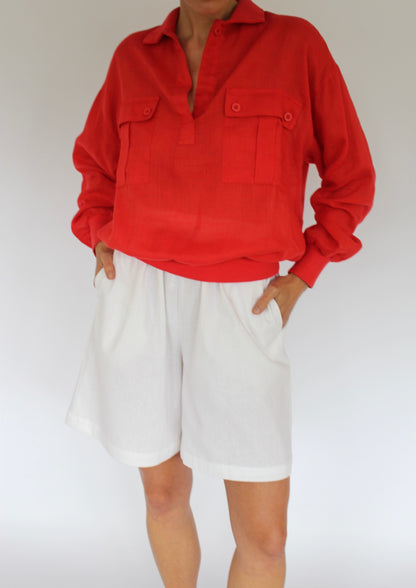 Vibrant Vintage Red Linen Collared Popover
