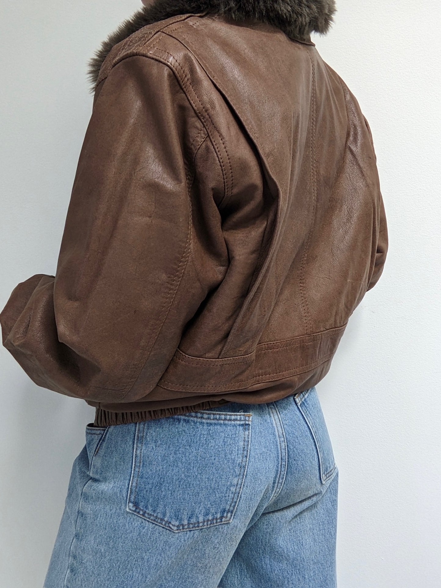 Vintage Almond Leather & Faux Fur Bomber