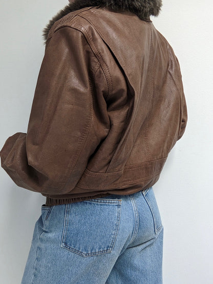 Vintage Almond Leather & Faux Fur Bomber