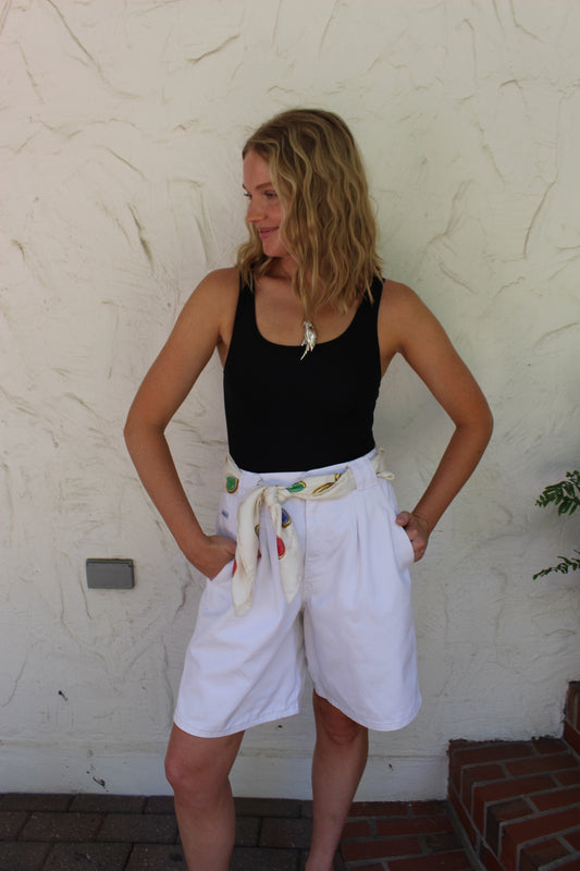 Vintage Pearl Pleated Denim Shorts
