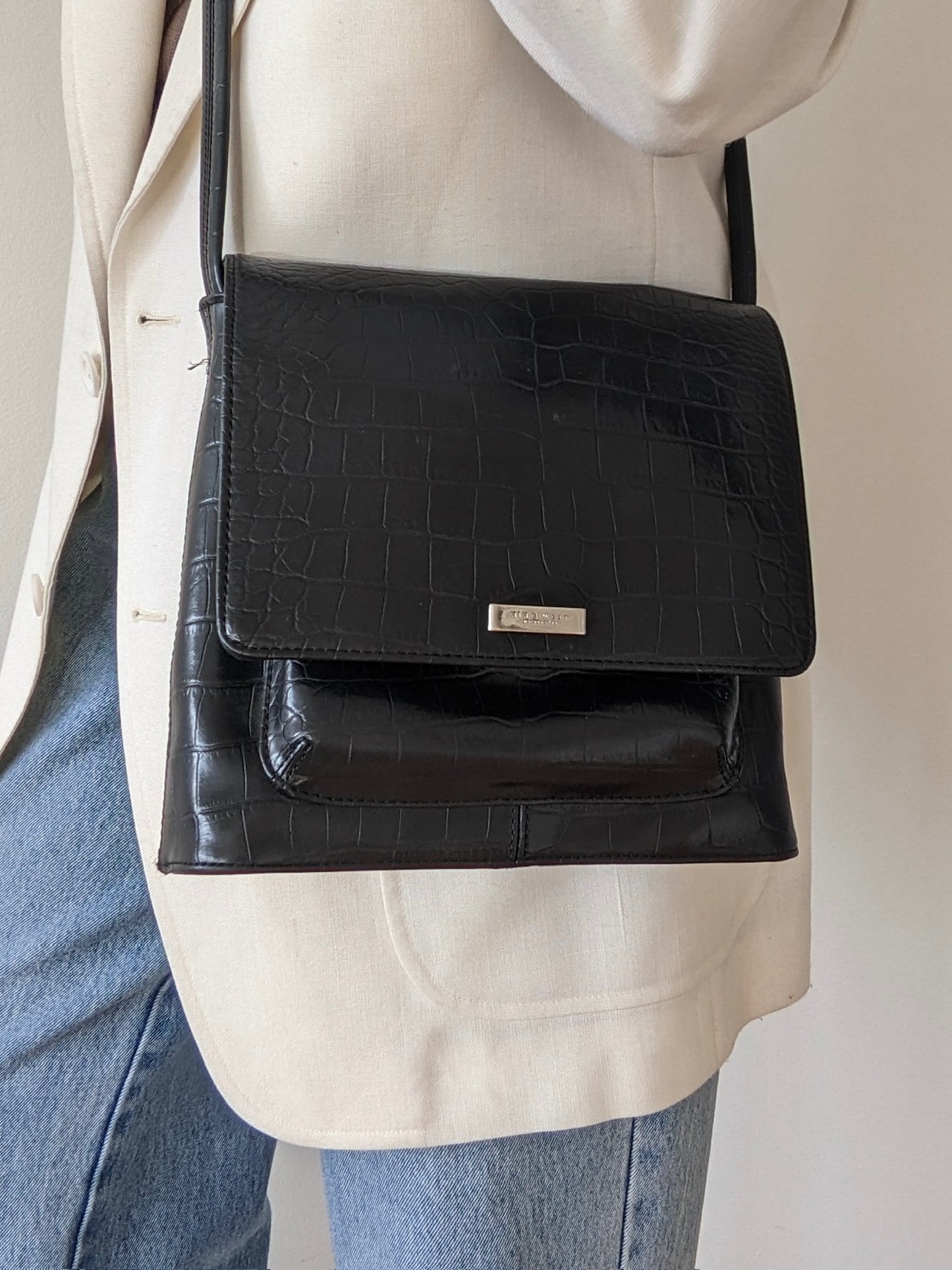 90s Nine West Ink Black Embossed Vegan Leather Bag