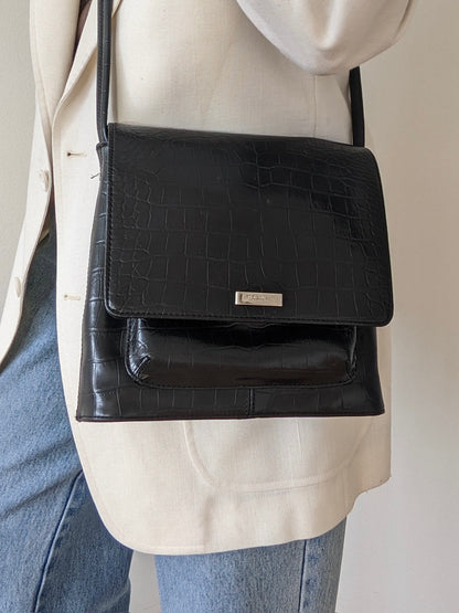 90s Nine West Ink Black Embossed Vegan Leather Bag