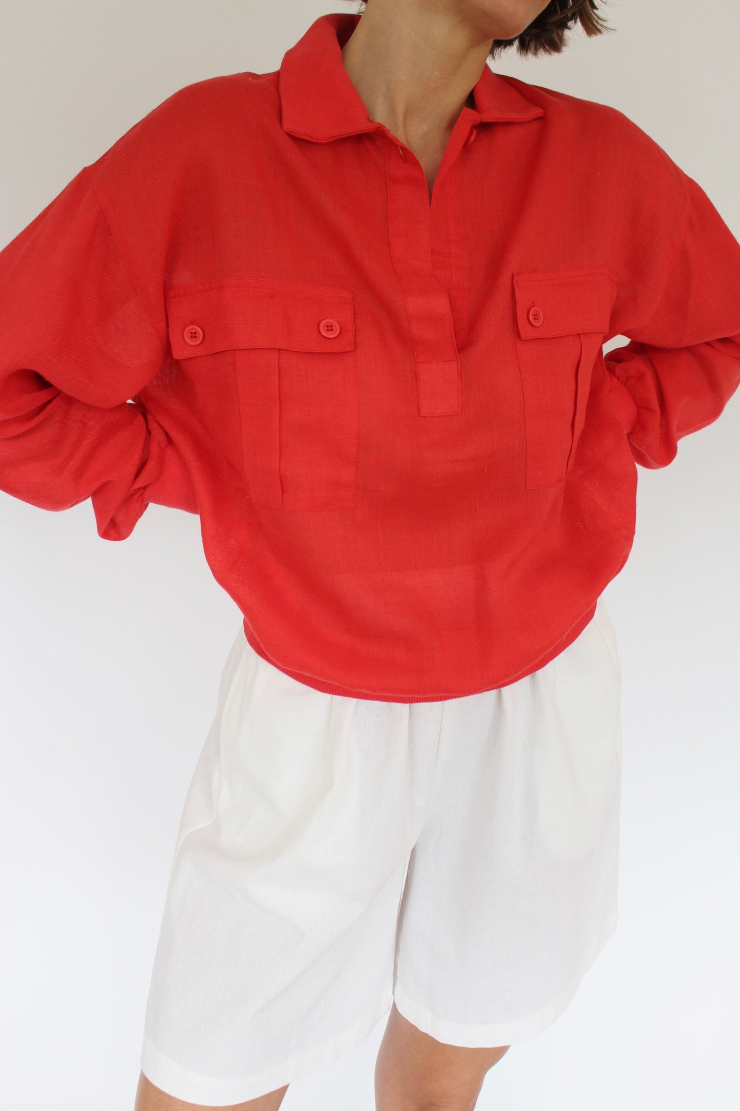 Vibrant Vintage Red Linen Collared Popover