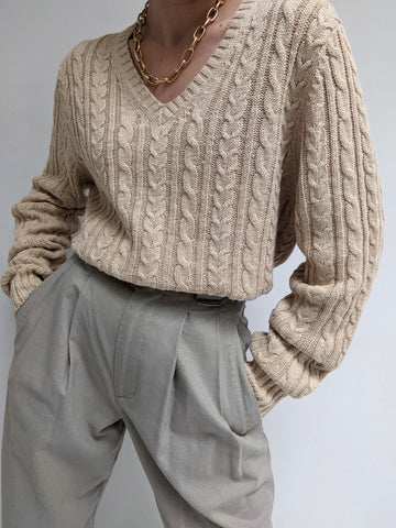 Vintage Oat Linen Cable Knit Sweater