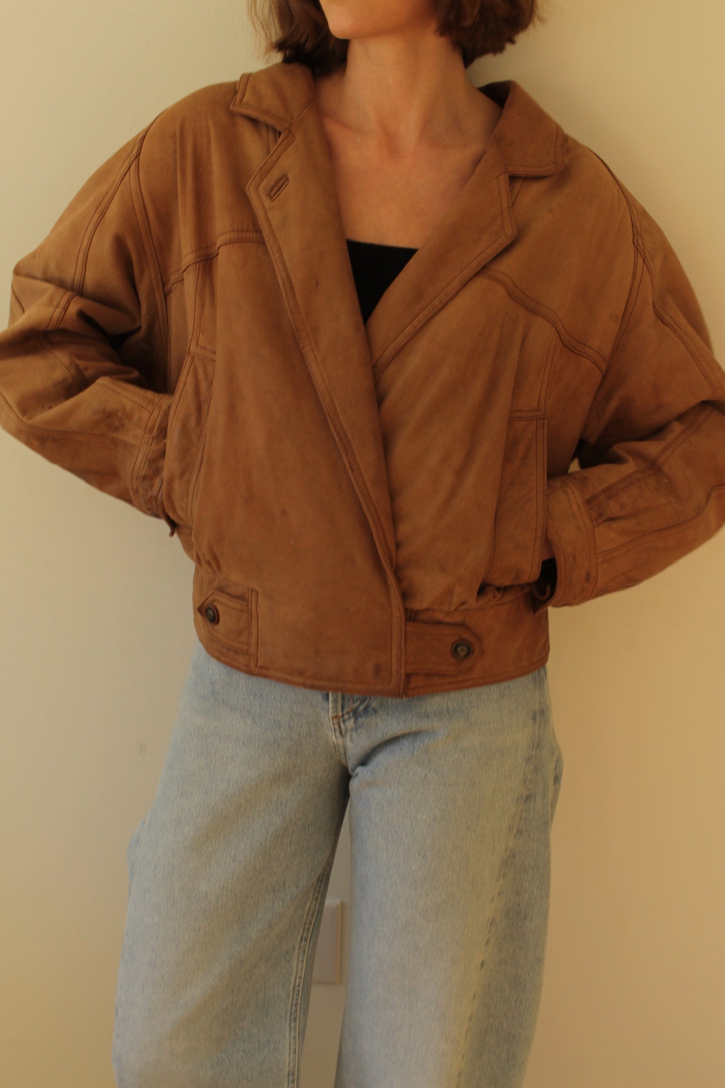 Favorite Vintage Almond Leather V-Neck Bomber