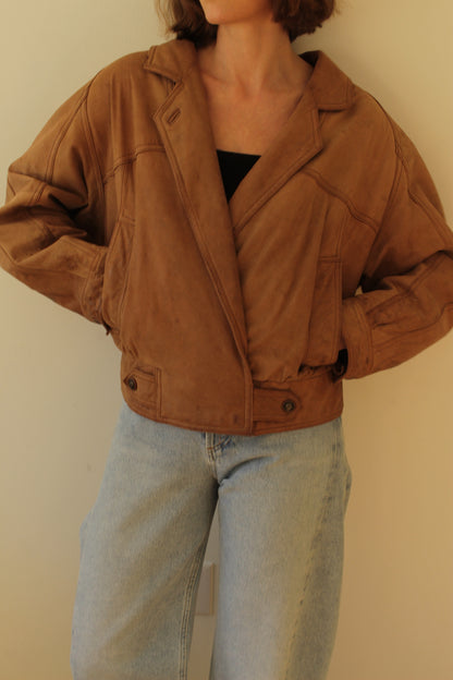 Favorite Vintage Almond Leather V-Neck Bomber