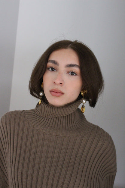 Bold Vintage Gold Spiral & Faux Pearl Drop Earrings