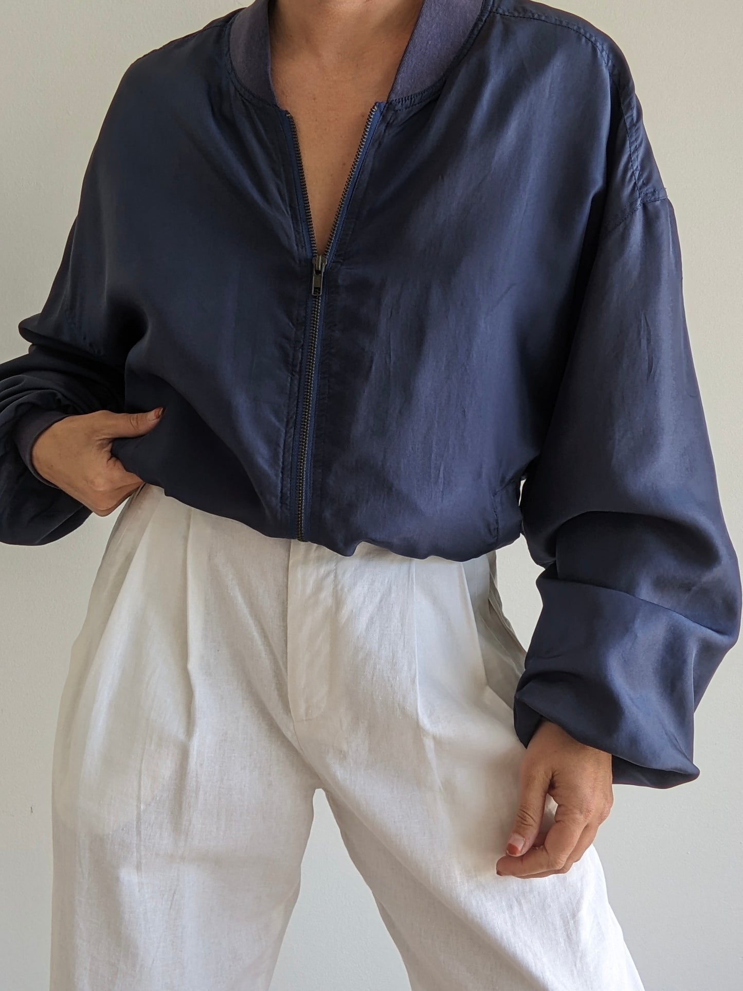 Vintage Navy Washed Silk Bomber Jacket