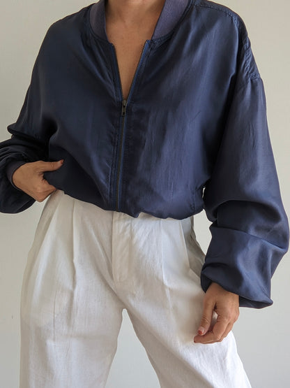 Vintage Navy Washed Silk Bomber Jacket