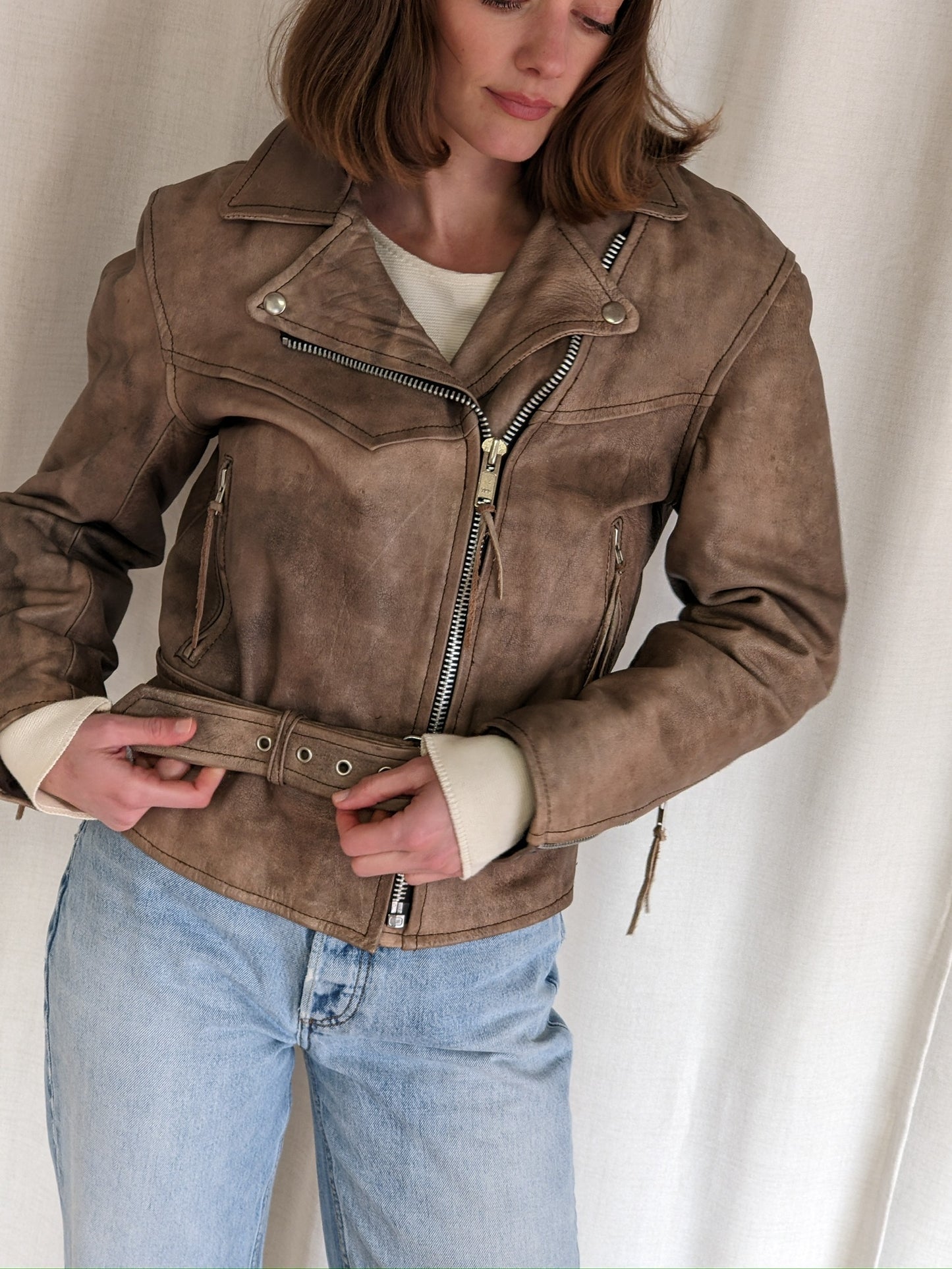 Amazing Vintage Faded Almond Leather Moto Jacket