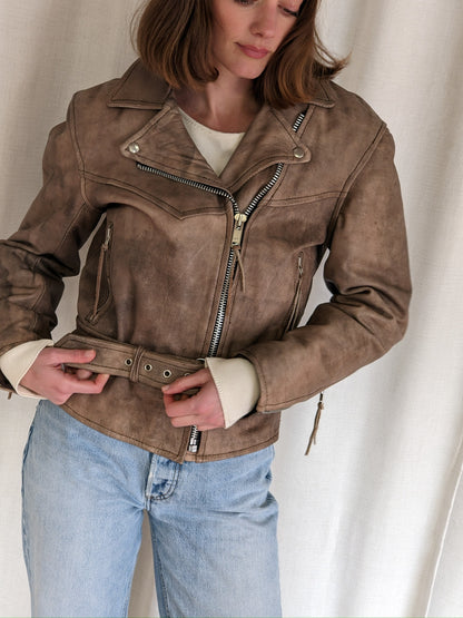 Amazing Vintage Faded Almond Leather Moto Jacket