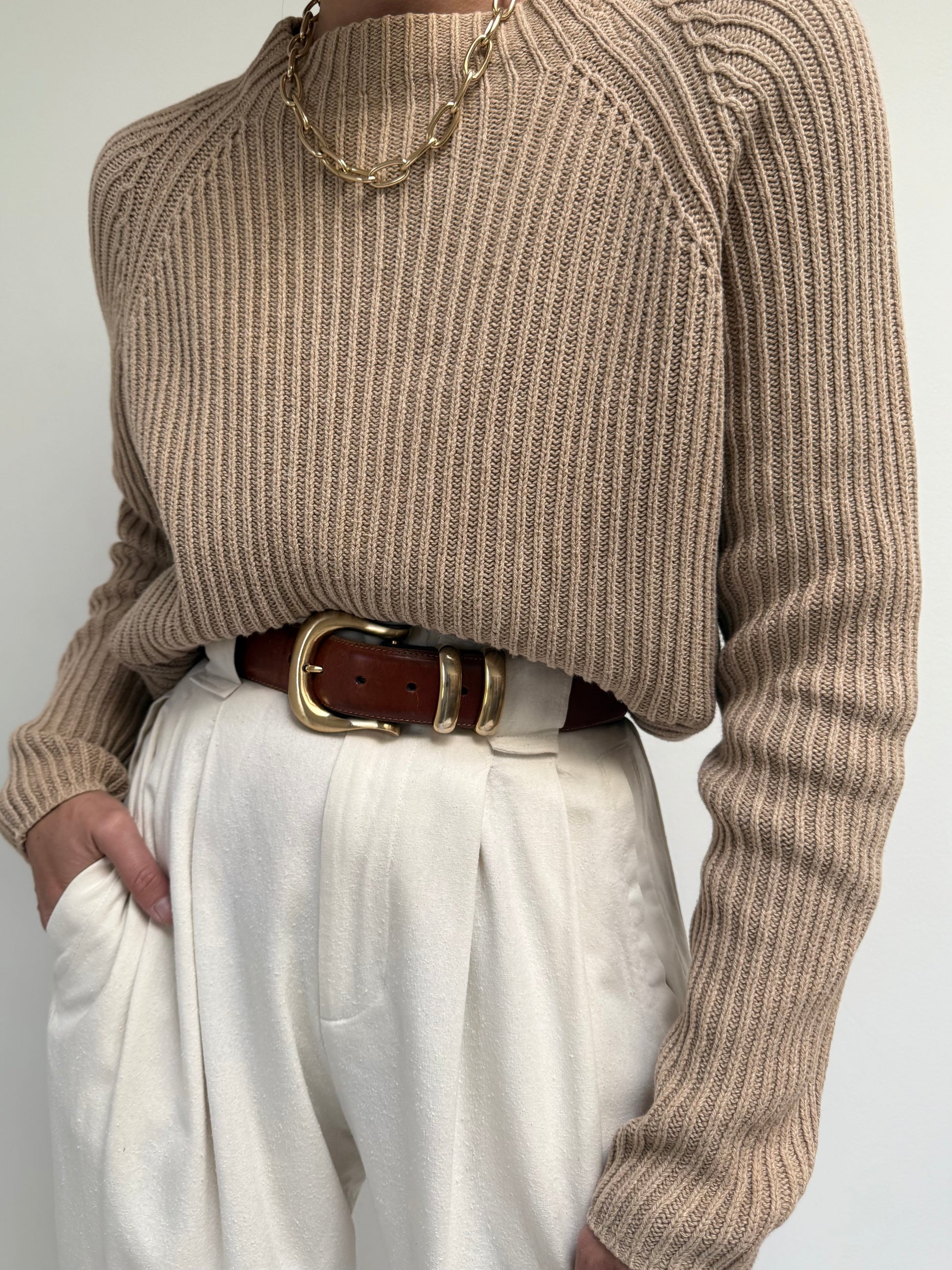 Vintage Latte Ribbed Cotton Sweater