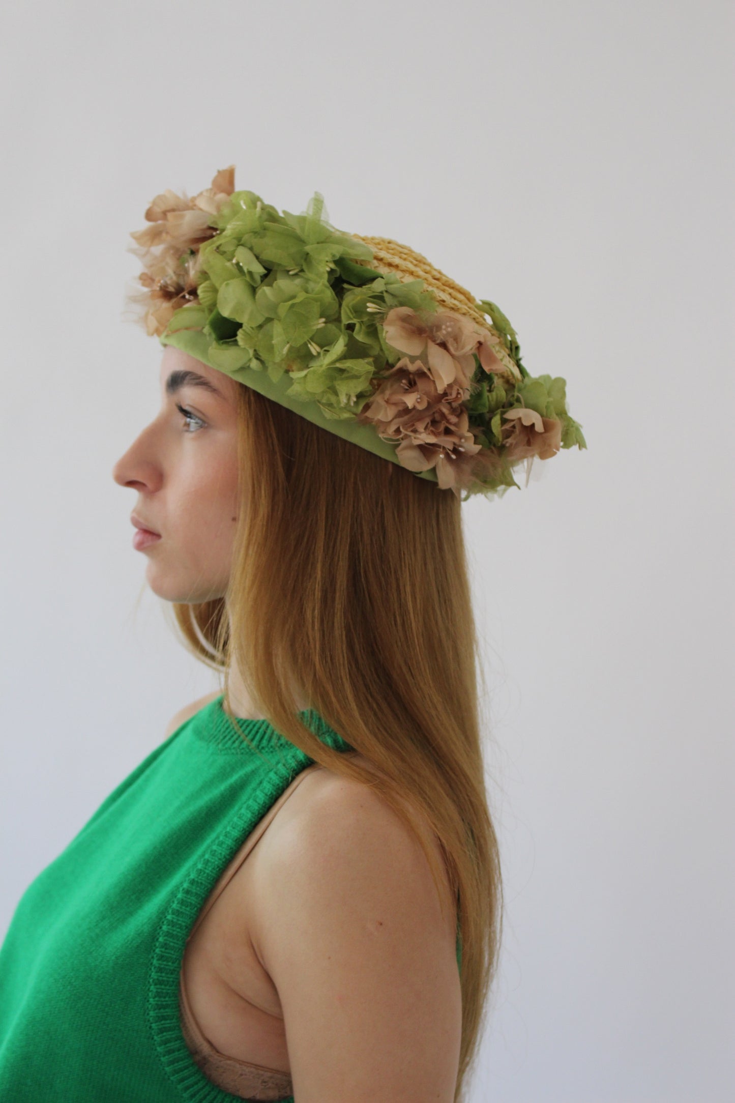 Vintage Floral Trim Woven Straw Hat