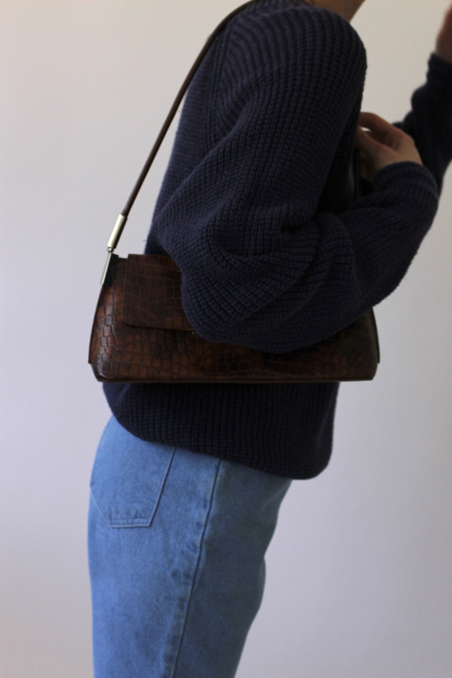 90s Croc-Embossed Leather Shoulder Bag