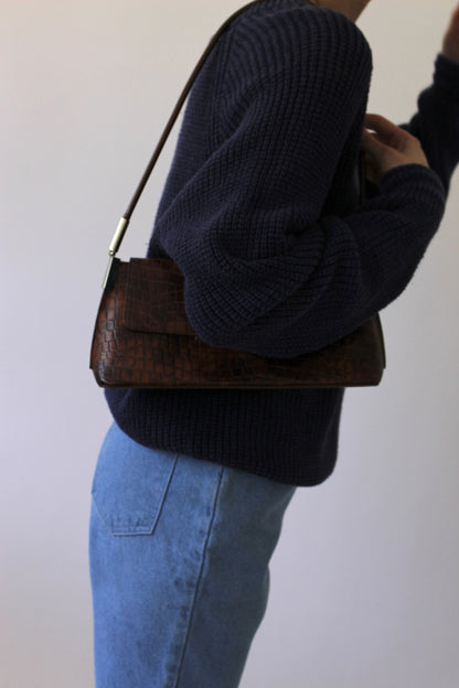 90s Croc-Embossed Leather Shoulder Bag