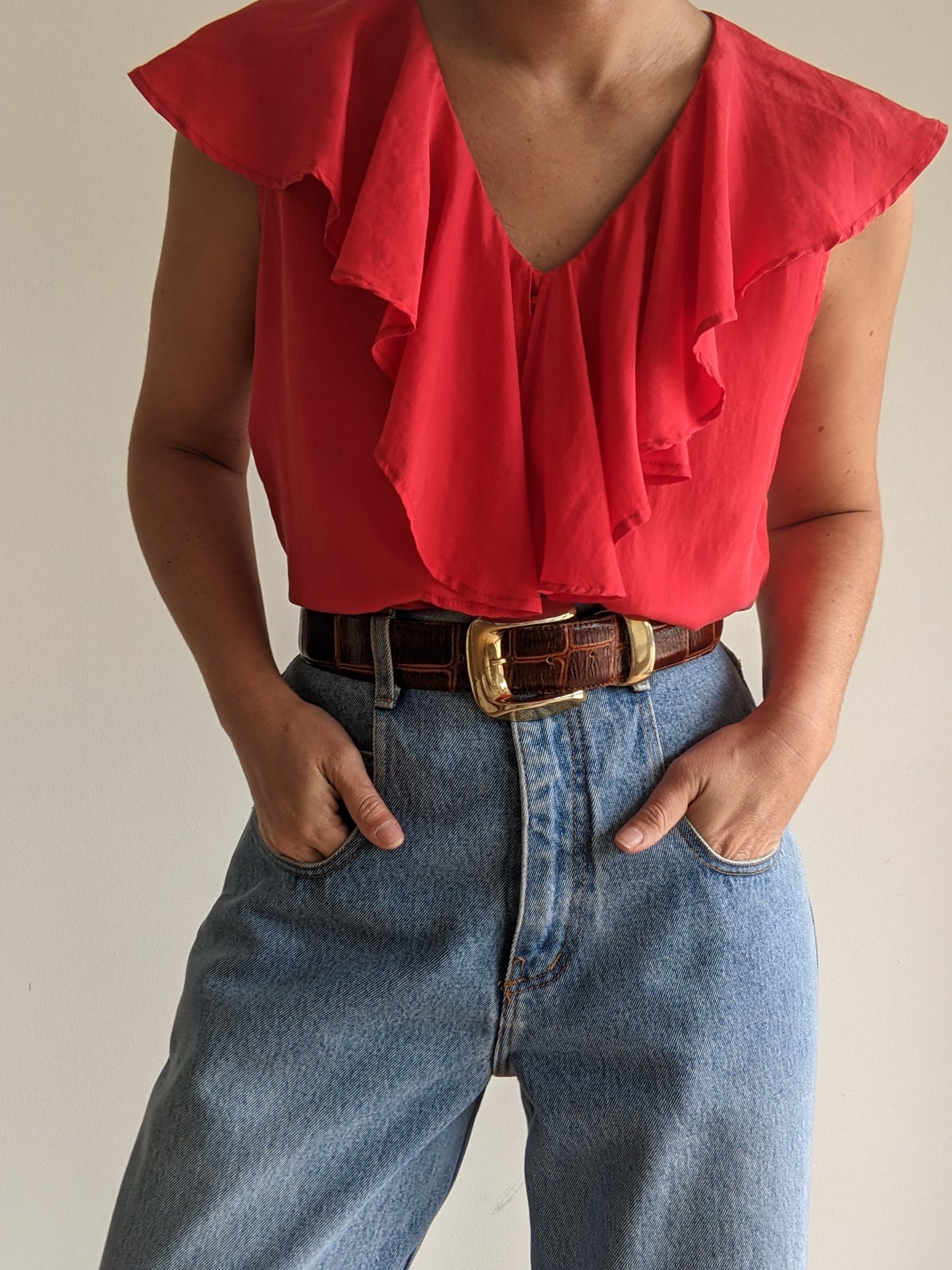 Vintage Sleeveless Ruffled Silk Blouse