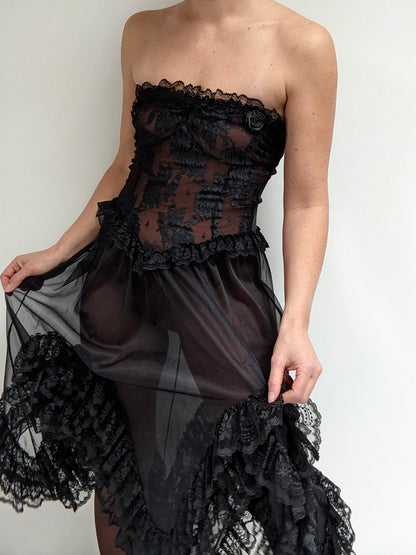 Incredible Vintage Sheer Lace Ruffled Dress