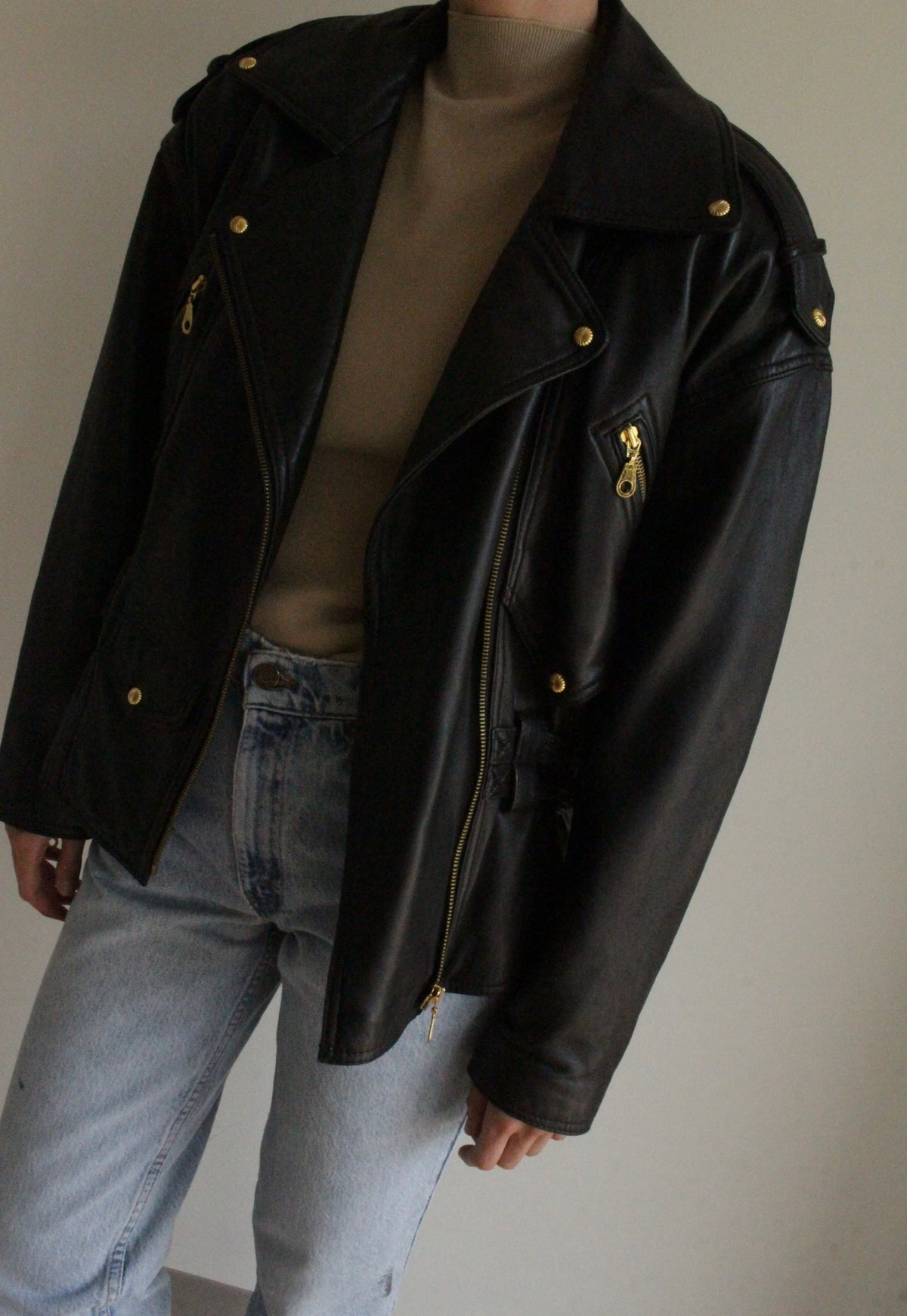 Incredible Vintage Black Belted Leather Moto Jacket
