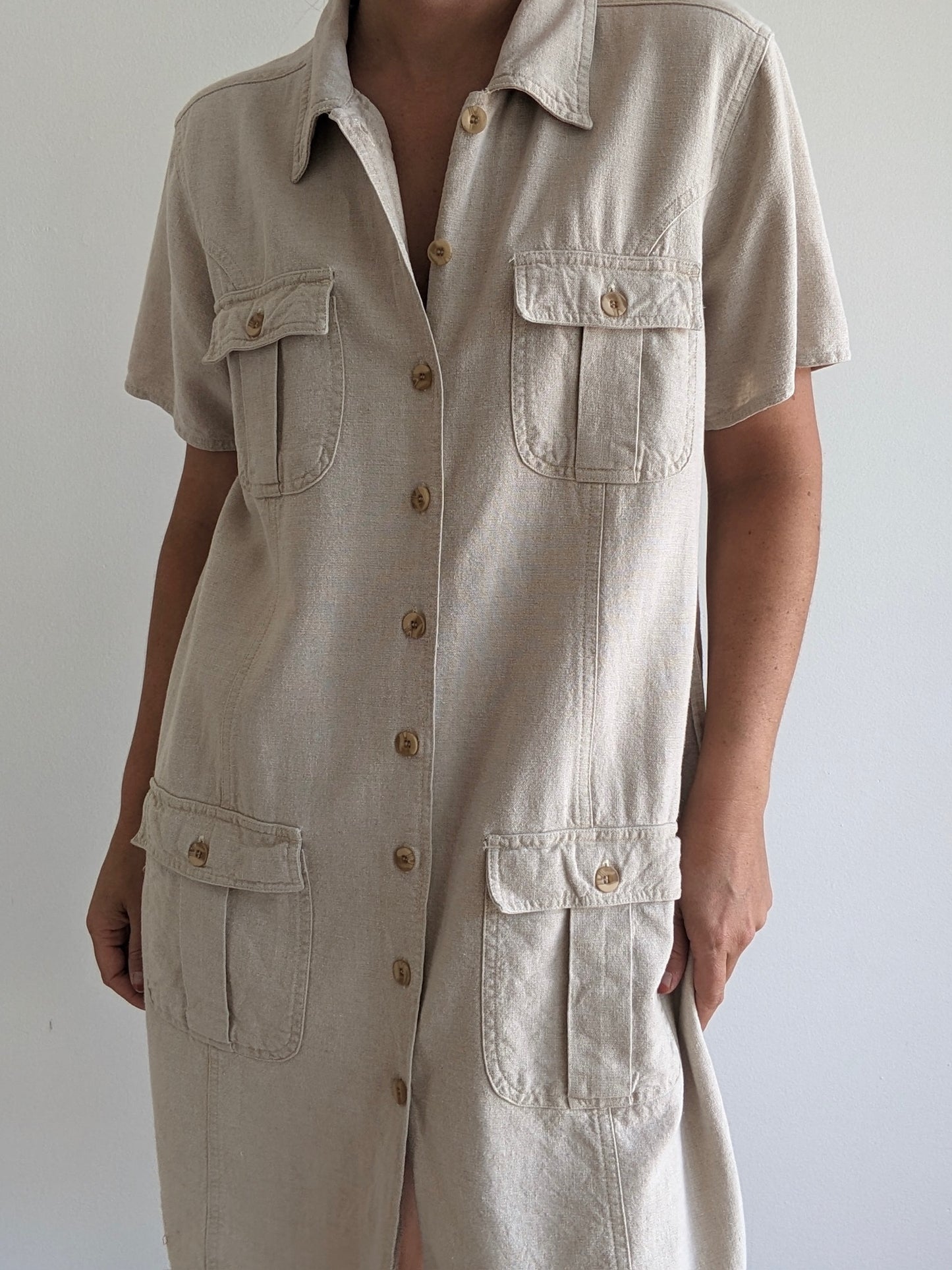 Vintage Wheat Linen Button-Up Dress