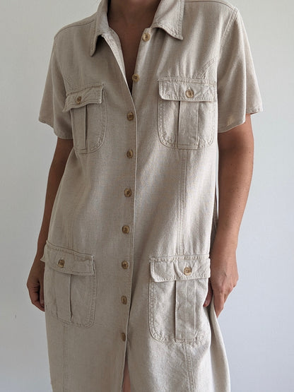 Vintage Wheat Linen Button-Up Dress