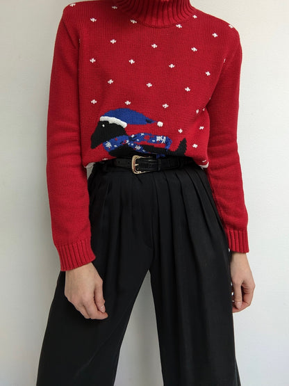 Vintage Winter Dog Embroidered Mock Neck Sweater