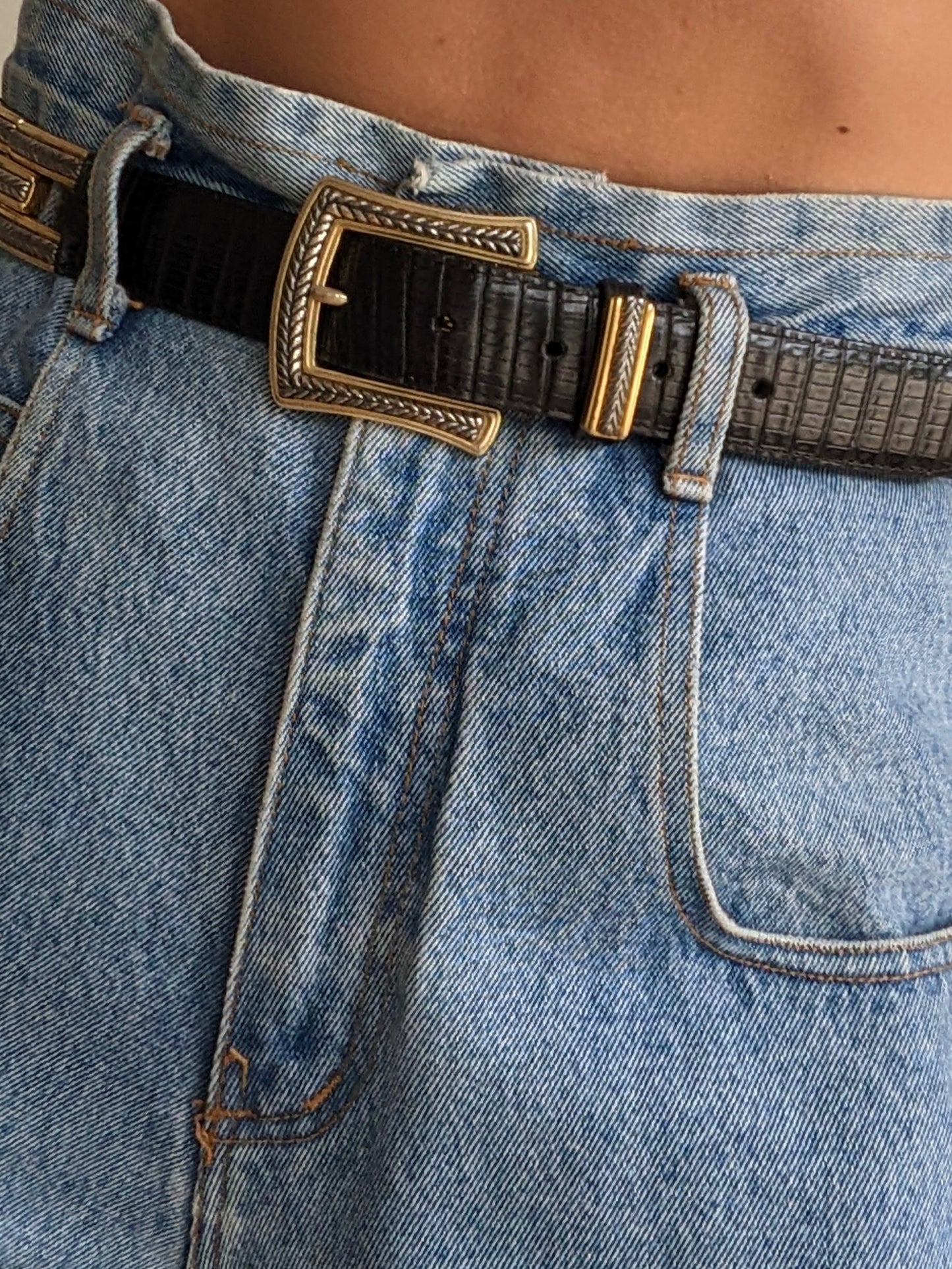 Vintage Segmented Onyx Embossed Leather Belt
